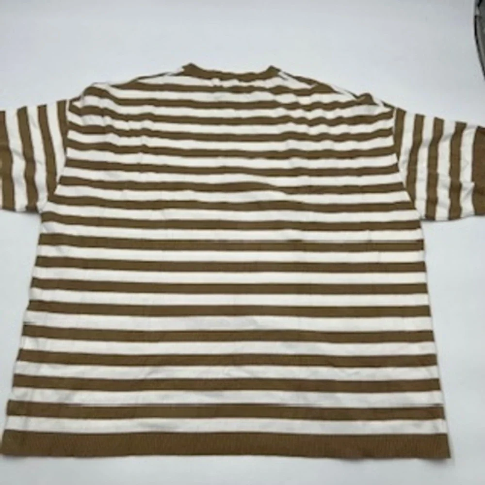 PrettyGarden Womens XL‎ Striped Short Sleeve Knit Sweater Tan White Oversized